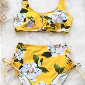 Yellow floral high waist bikini sz M
